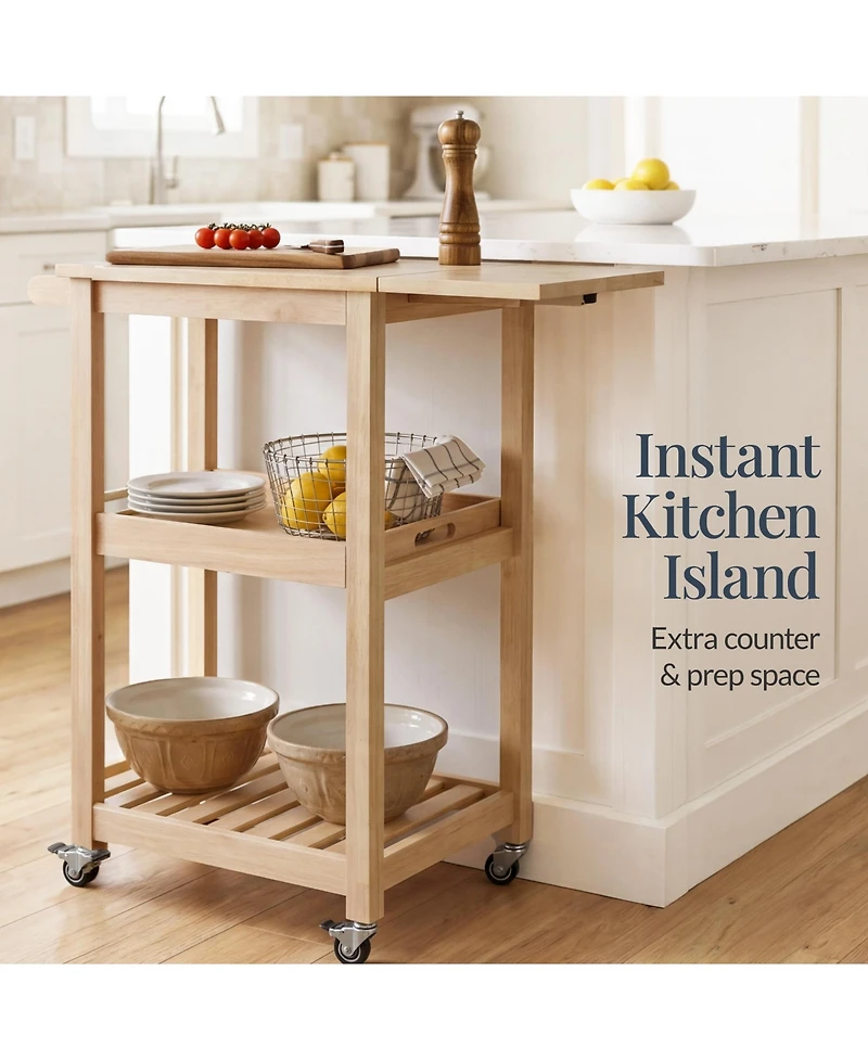 Best Choice Products Rolling Kitchen Island Cart with Drop Leaf Extension, Solid Wood, Tray, Shelf, Wheels