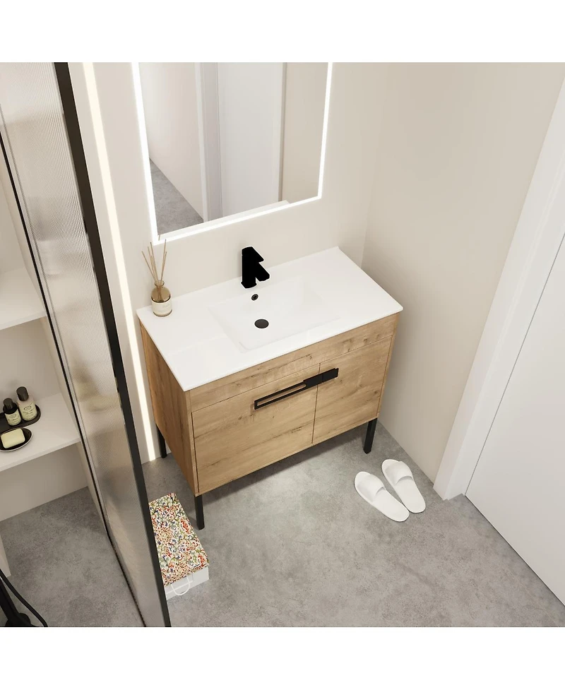 Sillysis Modern Bathroom Vanity with Ceramic Sink, Wall Mounted or Freestanding, Soft Close Doors