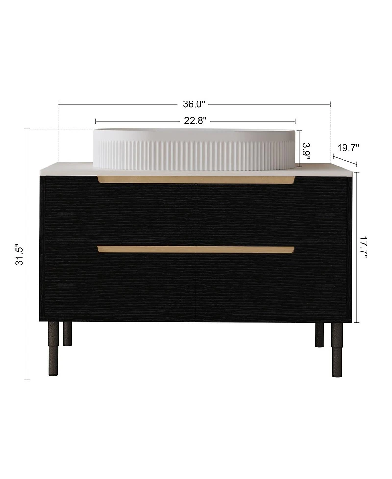 Thirtypeachy 36" Walnut Modern Sintered Stone Freestanding Bathroom Vanity Set, Ceramic Sink Included, 2 Drawers And Cabinets