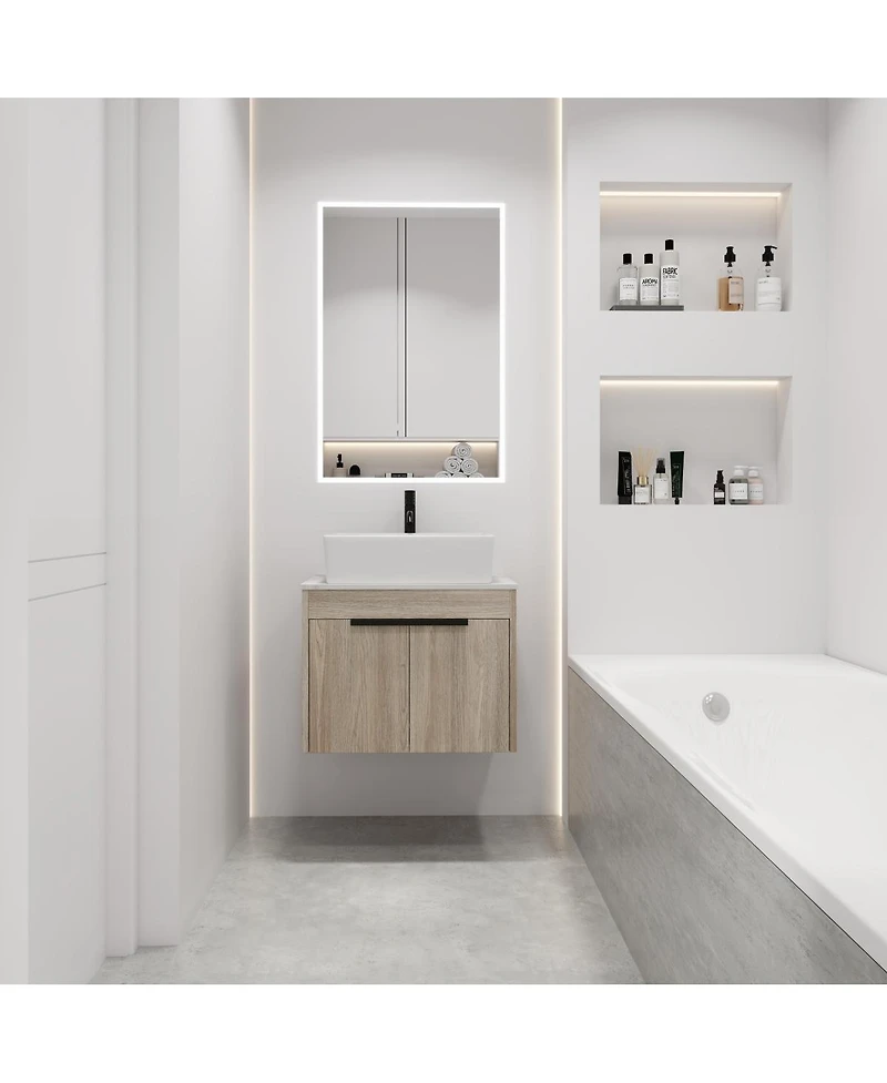Sillysis Wall Mounted Bathroom Vanity with Ceramic Vessel Sink,Stone Top, Soft Close Doors, Modern Handle Design