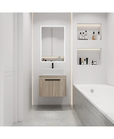 Sillysis Wall Mounted Bathroom Vanity with Ceramic Vessel Sink,Stone Top, Soft Close Doors, Modern Handle Design
