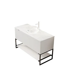 Sillysis 48 Inch Modern Bathroom Vanity with Glass Vessel Sink, Soft Close Doors, Sintered Stone Top, Large Open Shelf Storage
