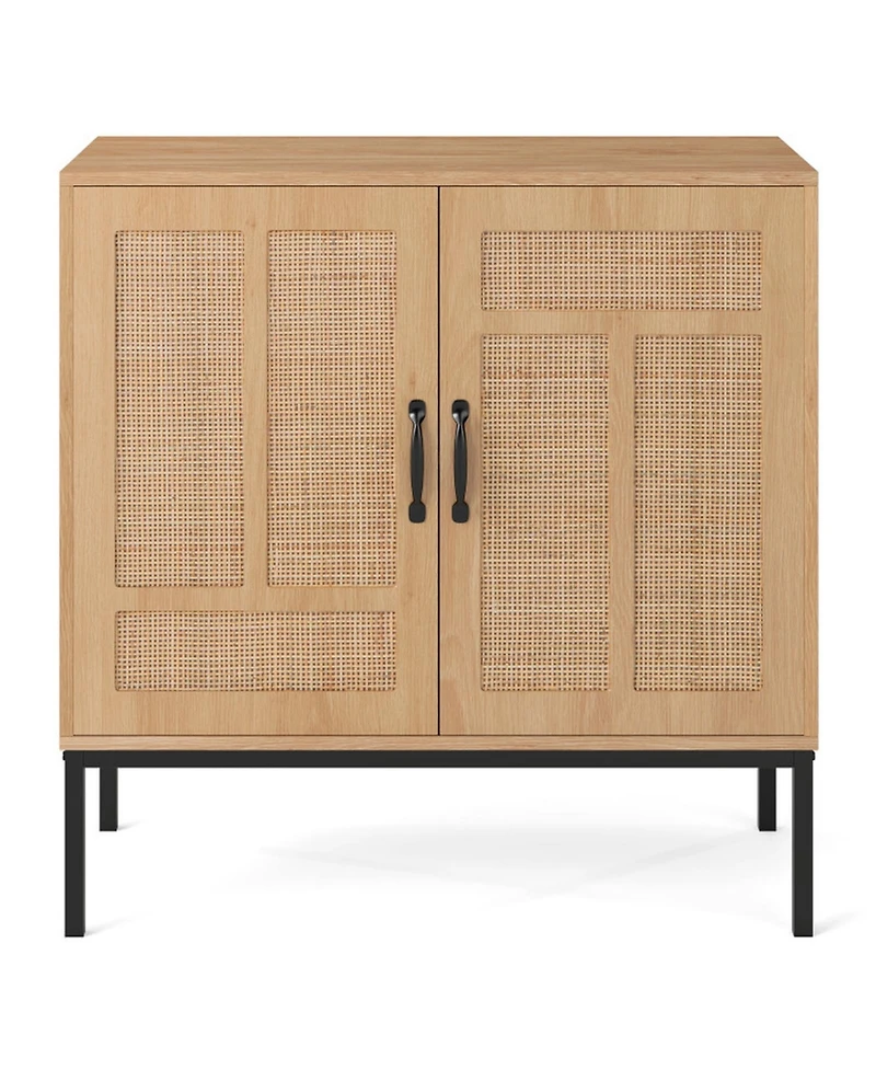 Gouun 31.5 x 32 inches Boho Rattan Storage Cabinet with Asymmetrical Doors and 250 lbs Capacity