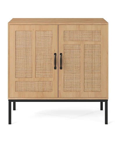 Gouun 31.5 x 32 inches Boho Rattan Storage Cabinet with Asymmetrical Doors and 250 lbs Capacity