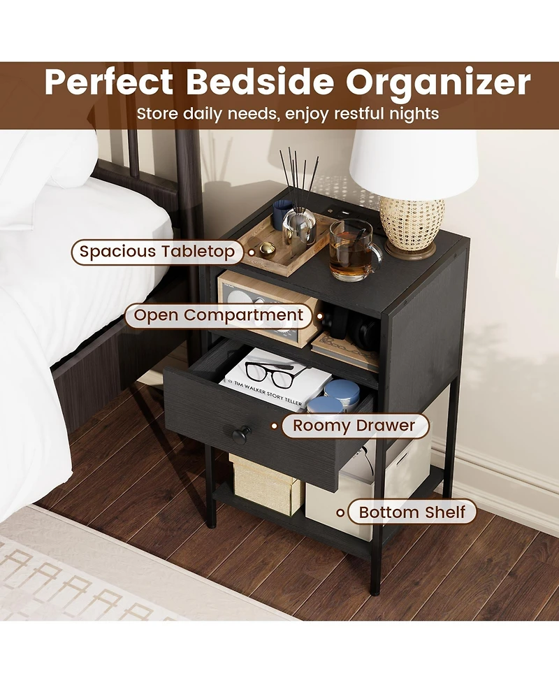 Gymax Nightstand with Charging Station Bedside Table Usb Ports and Outlets