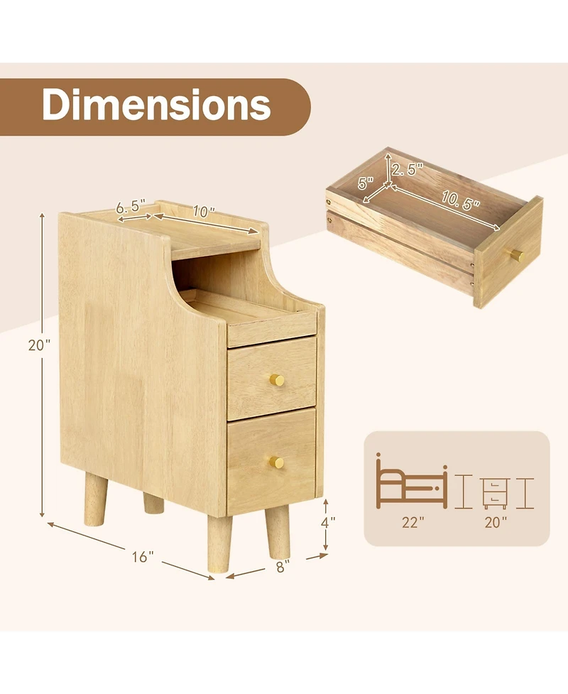 Gymax Narrow Nightstand Solid Wood End Table w/ Pull-out Tray and 2 Storage Drawers