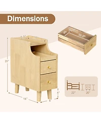 Gymax Narrow Nightstand Solid Wood End Table w/ Pull-out Tray and 2 Storage Drawers
