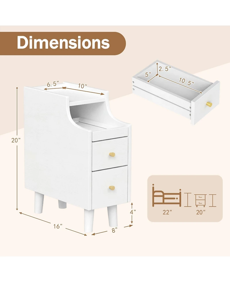 Gymax 2PCS Narrow Nightstand Solid Wood End Table w/Pull-out Tray and 2 Storage Drawers