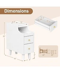 Gymax 2PCS Narrow Nightstand Solid Wood End Table w/Pull-out Tray and 2 Storage Drawers