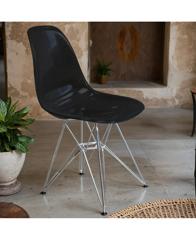 LeisureMod Cresco Acrylic Dining Chair Set of 2 Chrome Eiffel Base and Curved Back Design, Ergonomic Lightweight Accent Side
