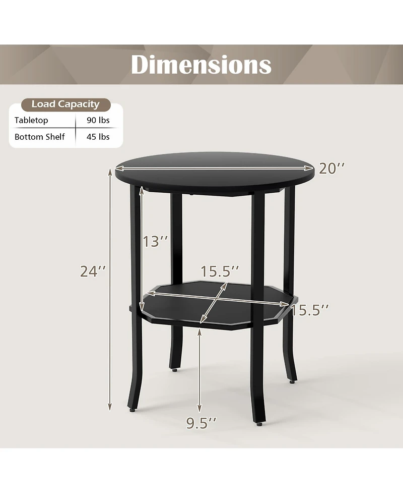 Gymax Round End Table 2-Tier Night Stand w/Storage Shelf Industrial Bedside Rustic