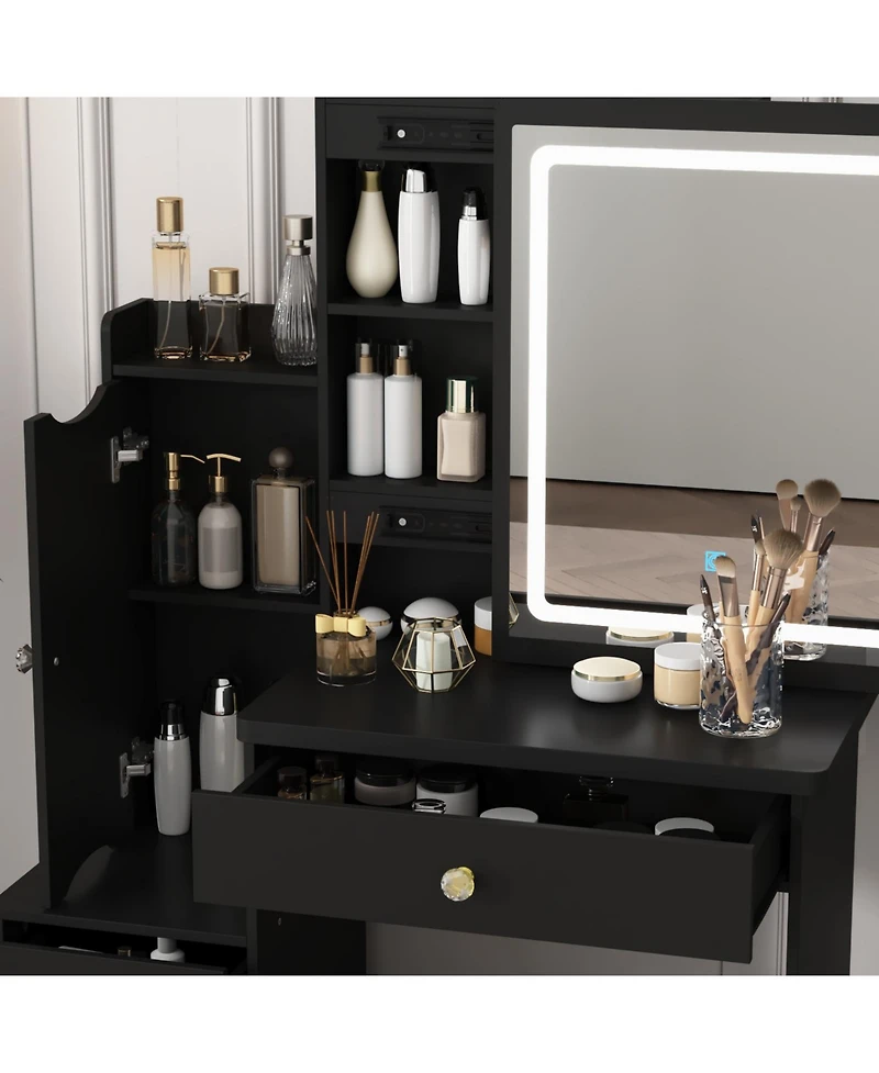 Homsee 52-Inch Vanity Desk with Matching Stool - Modern Makeup Table Led Light & Sliding Mirror | 2-in-1 Dresser Nightstand Combo