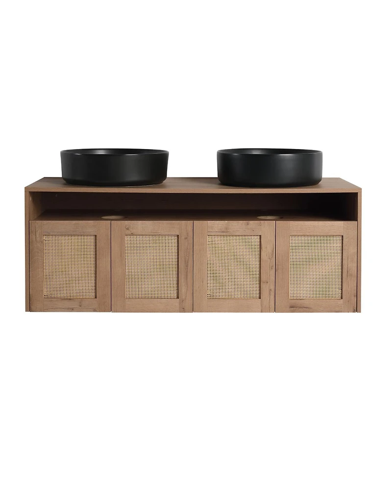 Sillysis Wall Mounted Double Bathroom Vanity, Modern Plywood Cabinet with Dual Vessel Ceramic Sinks, Open Storage Shelf