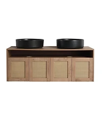 Sillysis Wall Mounted Double Bathroom Vanity, Modern Plywood Cabinet with Dual Vessel Ceramic Sinks, Open Storage Shelf