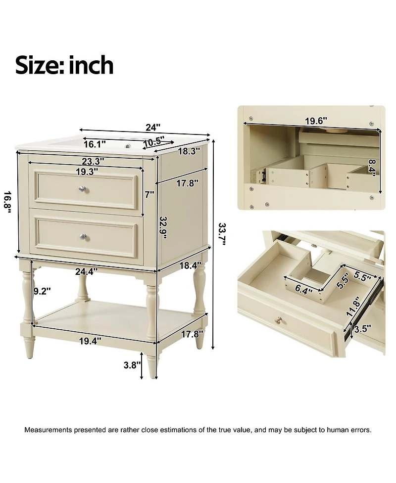 Thirtypeachy 24" French White Simple Solid Wood Mdf Bathroom Vanity With Ceramic Sink, 2 Drawers Adjustable Shelf, 4" Faucet Fit