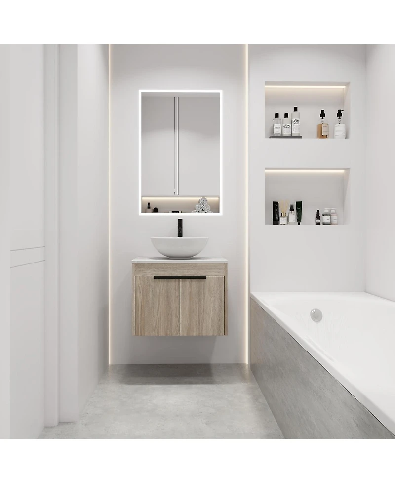 Sillysis Wall Mounted Bathroom Vanity with Ceramic Vessel Sink, Stone Top, Soft Close Doors