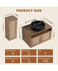 Sillysis Wall Mounted Bathroom Vanity Set, Modern Plywood Cabinet with Vessel Sink, Rotating Rattan Side Storage