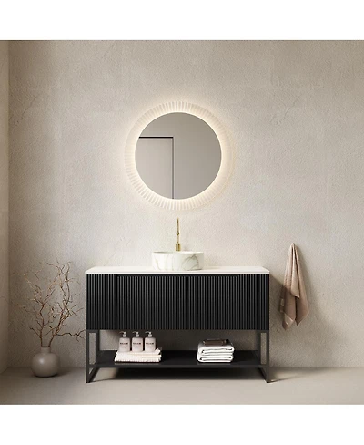 Sillysis 48 Inch Modern Bathroom Vanity with Sintered Stone Countertop, Ceramic Vessel Sink, Soft Close Doors, Open Shelf
