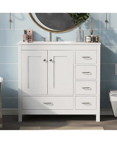 Thirtypeachy 36" Solid Wood Mdf Vanity With Ceramic Sink, 2 Soft-Close Doors 5 Drawers, Handles