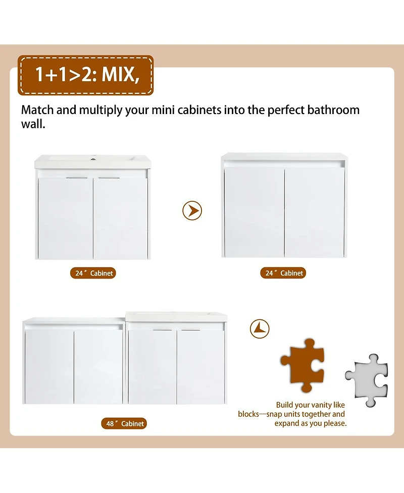 Sillysis 47 Inch Wall Mounted Bathroom Vanity with Resin Sink, Soft Close Doors, Water-Resistant Cabinet, Large Wall Storage