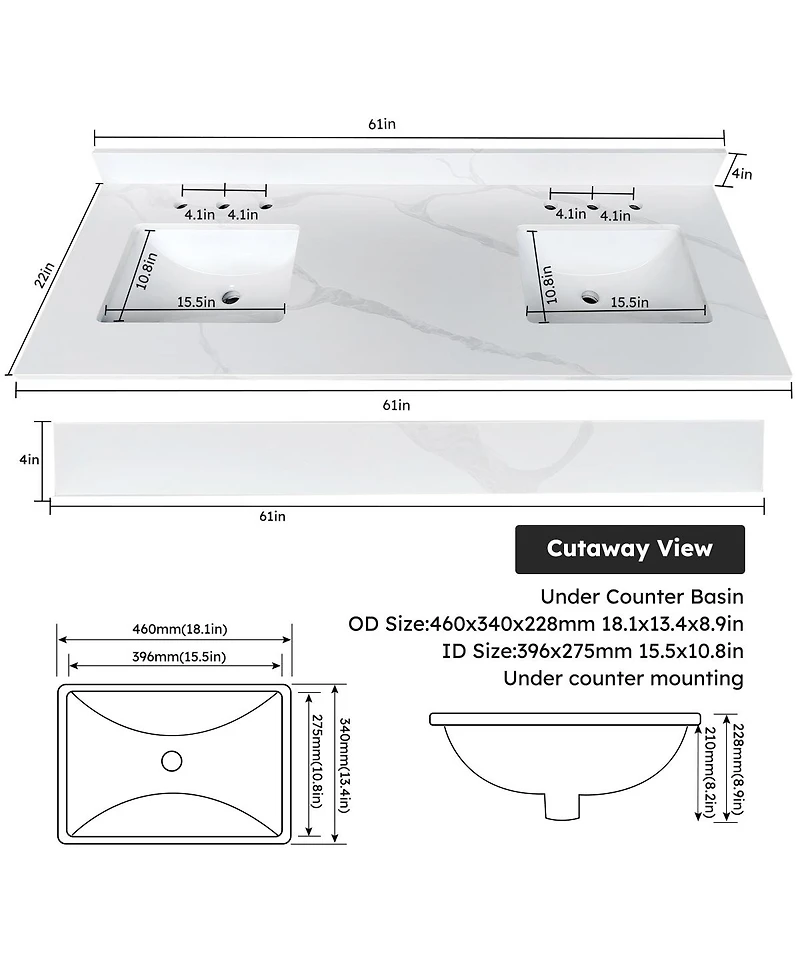 Sillysis 61 Inch Double Sink Quartz Bathroom Vanity Top with Undermount Sinks, Carrara Marble Look, 4" Backsplash, Stain and Heat Resistant