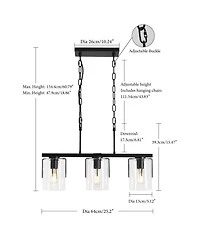 Midola 3-Light Matte Linear Pendant Light, Industrial Kitchen Island Lighting with Clear Glass Shades, Adjustable Chain Chandelier