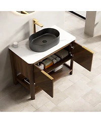 Sillysis Modern Bathroom Vanity with Vessel Sink, Sintered Stone Countertop, Soft Close Solid Wood 3D Doors