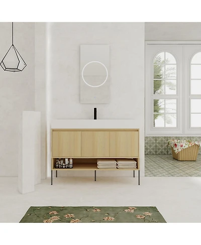 Sillysis 47 Inch Freestanding Bathroom Vanity with Resin Basin, Double Doors, Large Storage, Open Shelf for Modern Bathrooms