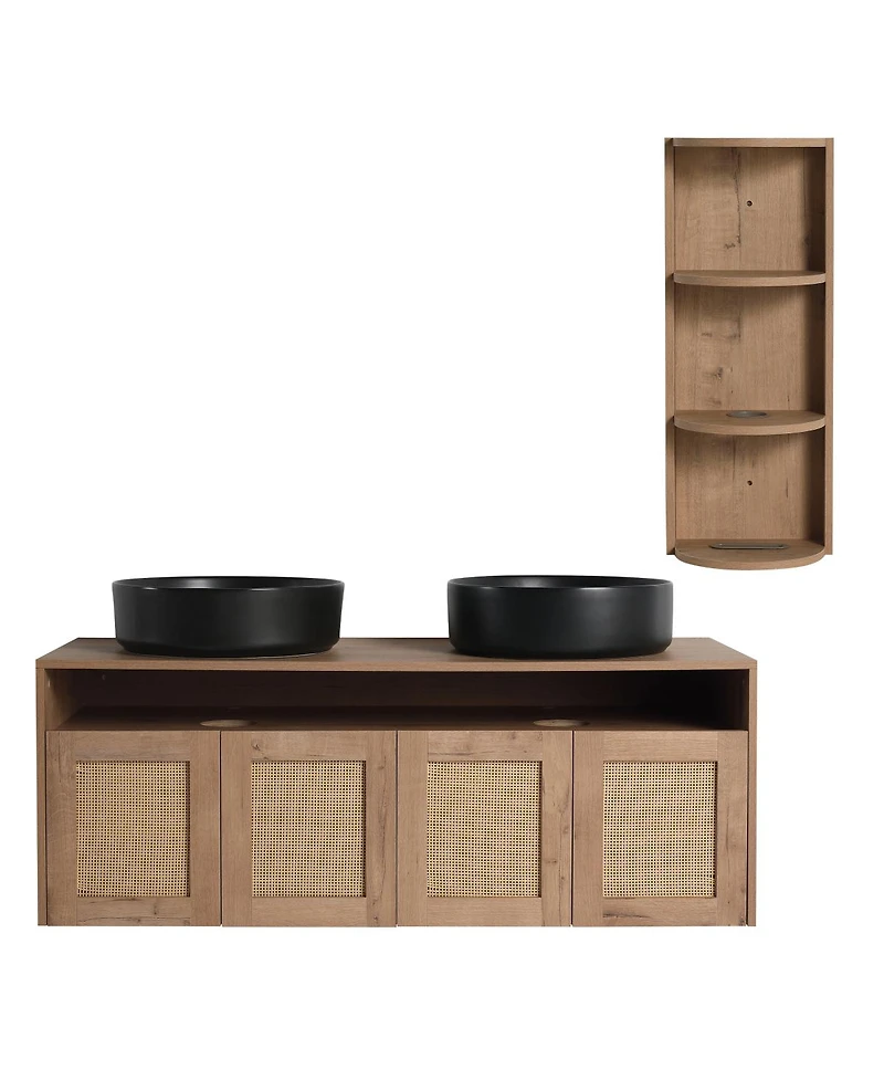 Sillysis Wall Mounted Double Bathroom Vanity Set, Modern Plywood Cabinet, Dual Vessel Ceramic Sinks, Open Storage Rack