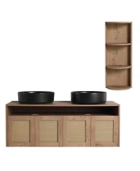 Sillysis Wall Mounted Double Bathroom Vanity Set, Modern Plywood Cabinet, Dual Vessel Ceramic Sinks, Open Storage Rack
