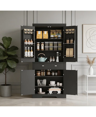 homfan Modern Farmhouse Freestanding Pantry Cabinet, Engineered Wood Kitchen Storage Cupboard with Adjustable Shelves and Anti-Tip Design