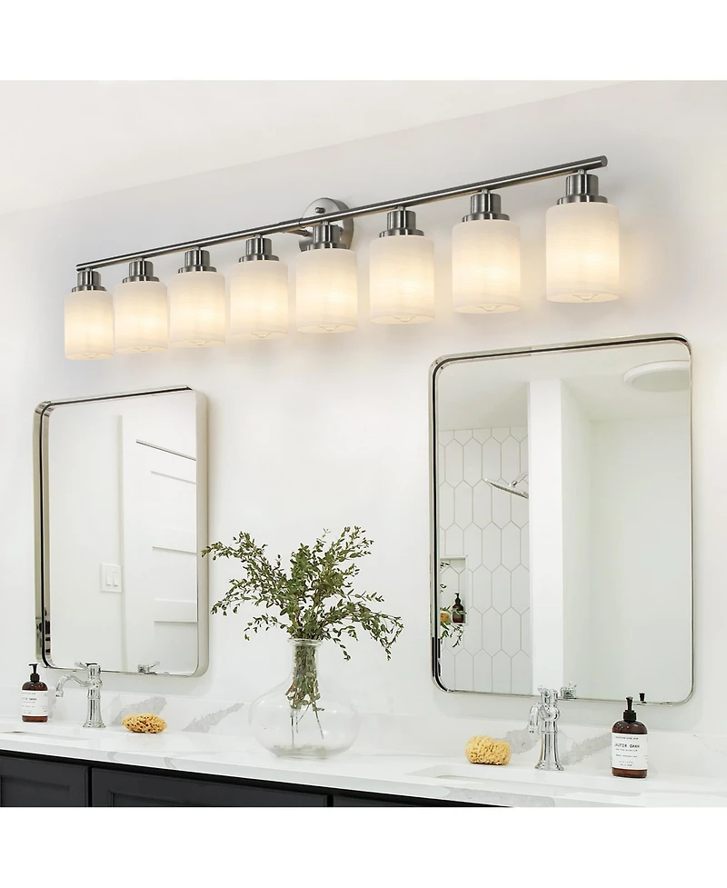 Midola 52" Modern 8-Light Vanity Wall Sconce, Brushed Nickel Finish with Frosted Glass Shades for Bathroom or Hallway Lighting