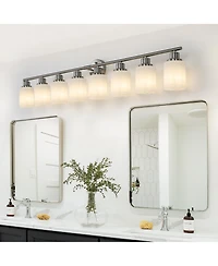 Midola 52" Modern 8-Light Vanity Wall Sconce, Brushed Nickel Finish with Frosted Glass Shades for Bathroom or Hallway Lighting