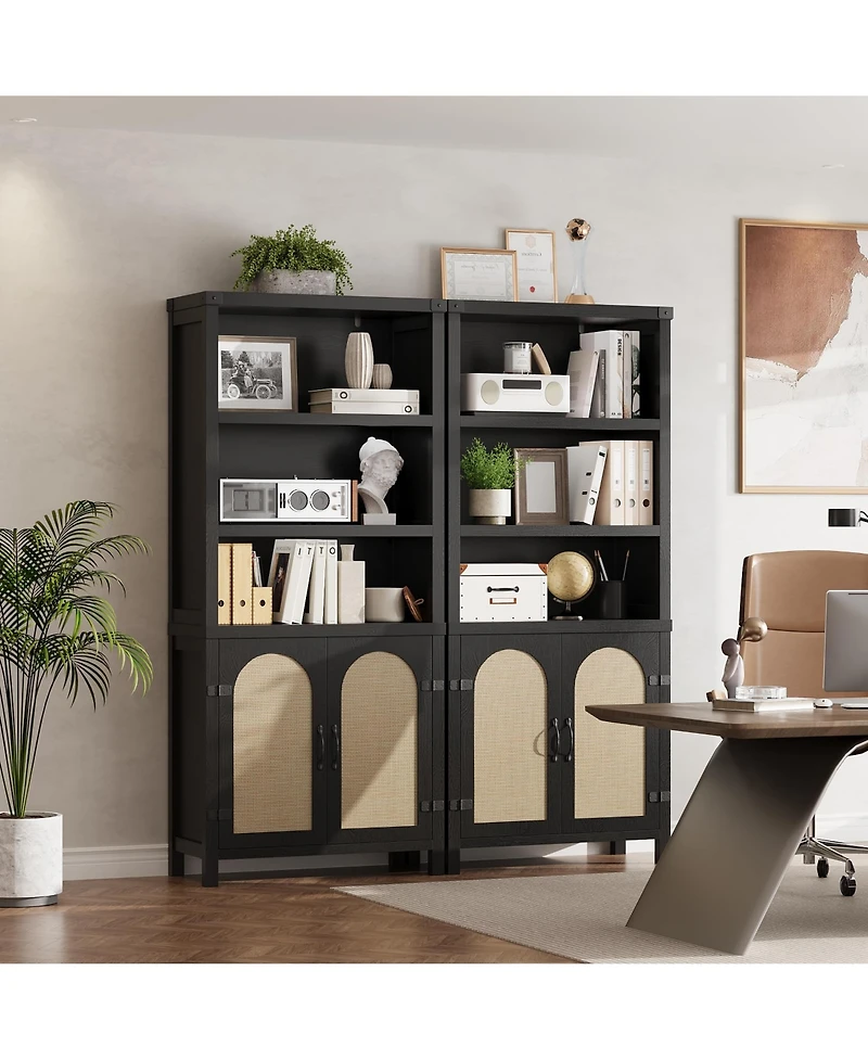 homfan 71 Inch Rustic Farmhouse 5-Tier Bookshelf with Doors, Adjustable Shelves and Storage Cabinets, Freestanding Display Organizer for Living Room
