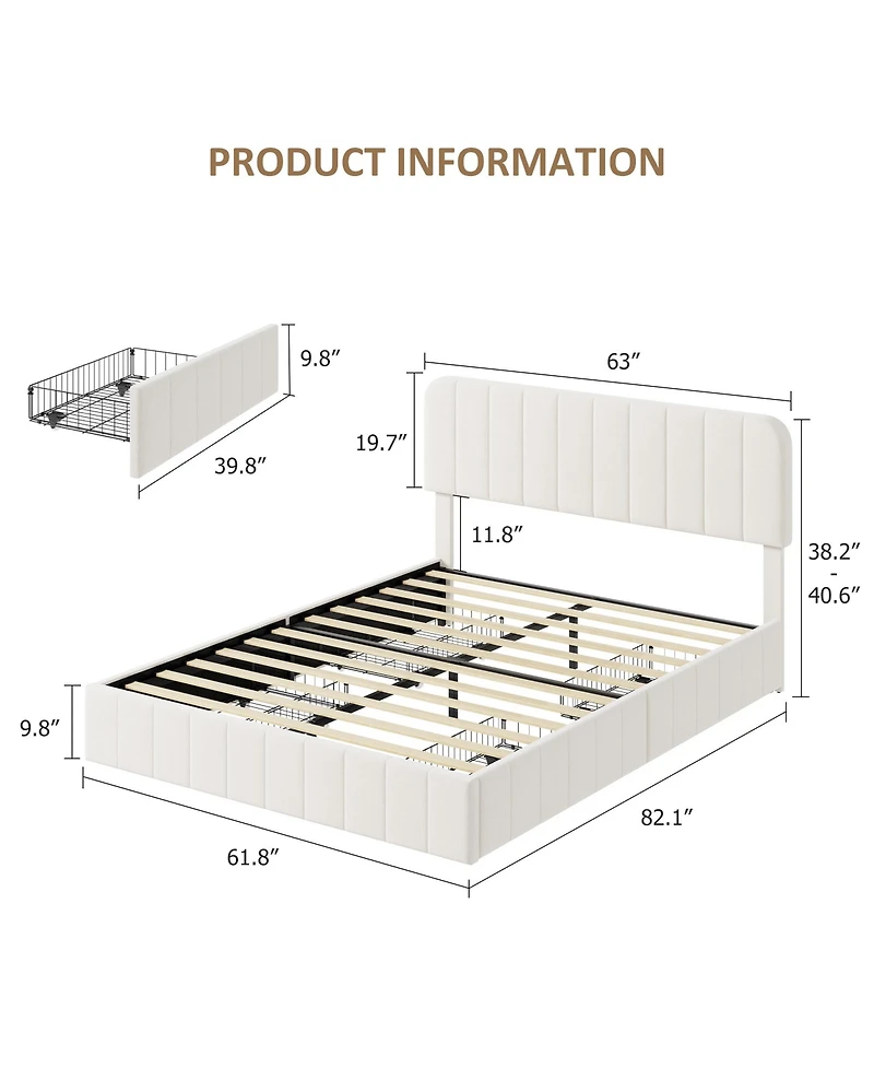 gaomon Velvet Upholstered Platform Bed with 4 Storage Drawers - Adjustable Headboard, No Box Spring Needed, Easy Assembly