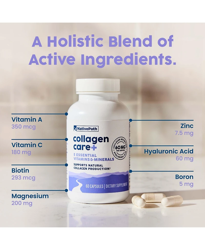 NativePath Collagen Care+, 5 Vitamin Blend with Hyaluronic Acid and Boron that Supports Collagen for Men and Women, 60 Capsules
