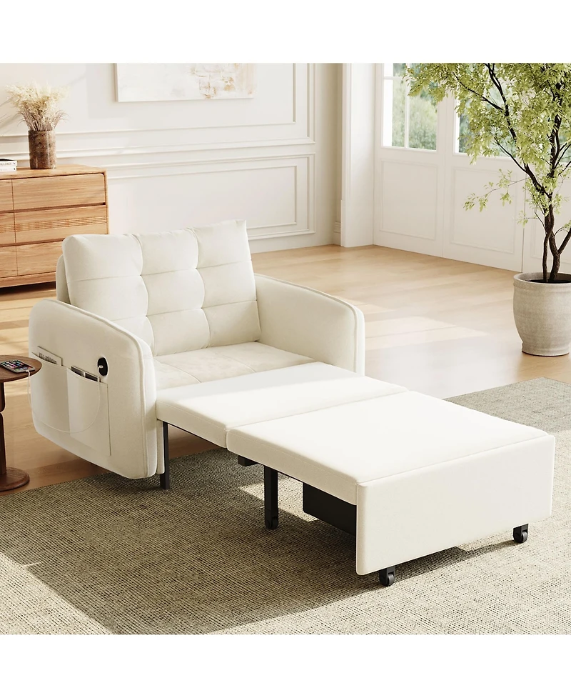 Rainsken Chenille Single Sofa Bed, 80" Extra Long Pull Out Sleeping Lounge with Usb Charging, Storage Pockets and Box for Living Room