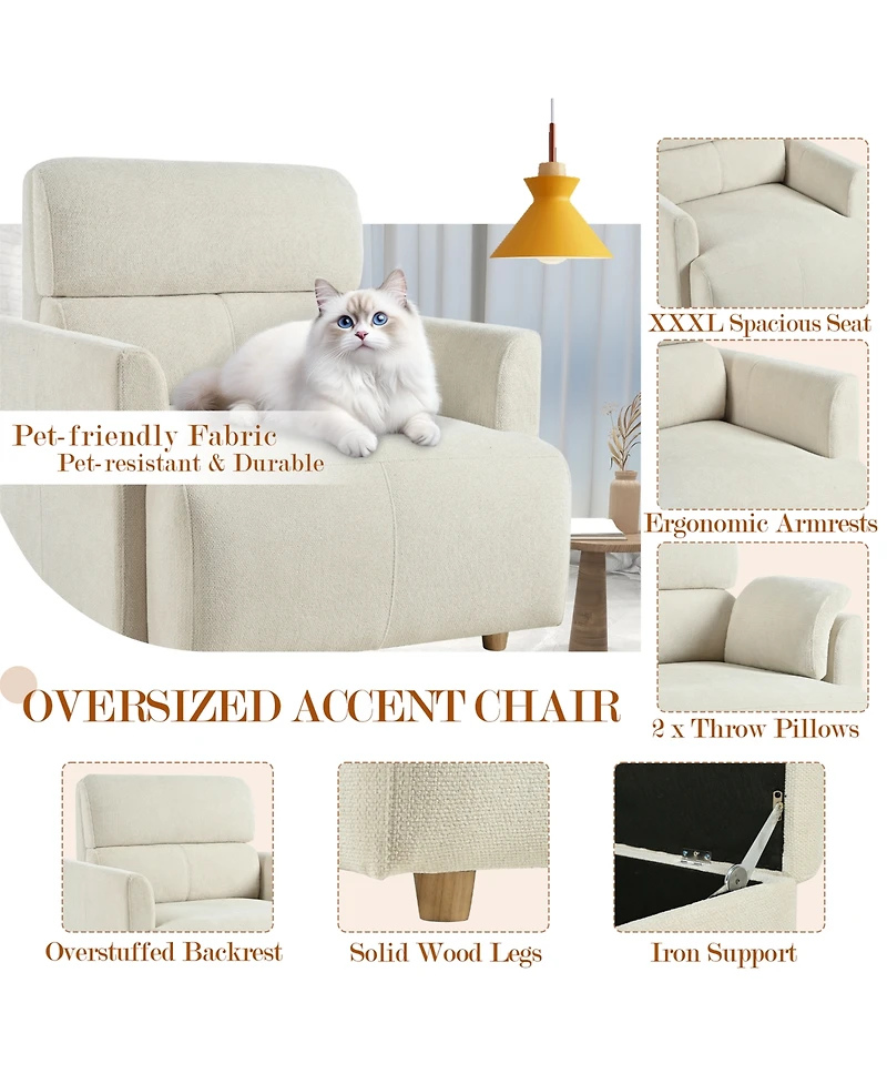 Rainsken Modern Oversized Accent Chair, Comfy Upholstered Armchair with Storage Ottoman and Side Pillows for Living Room, Reading Nook