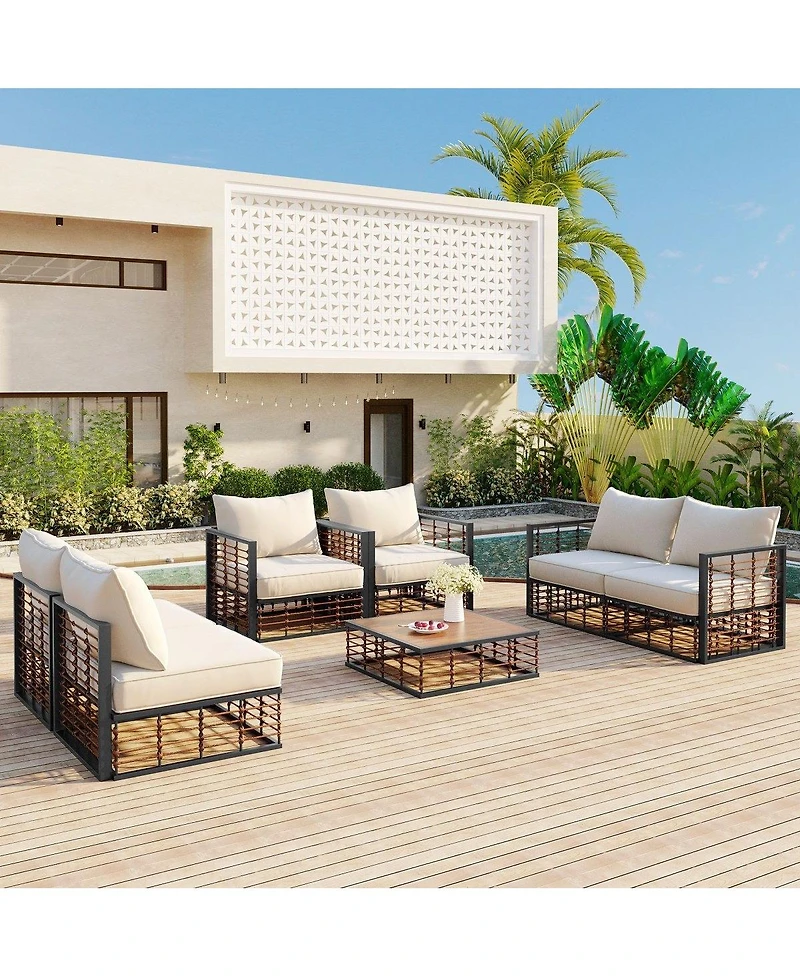 Asagikoiai 7 Piece Metal Patio Sectional Sofa Set with Water Resistant Cushions and Table-Asagikoiai