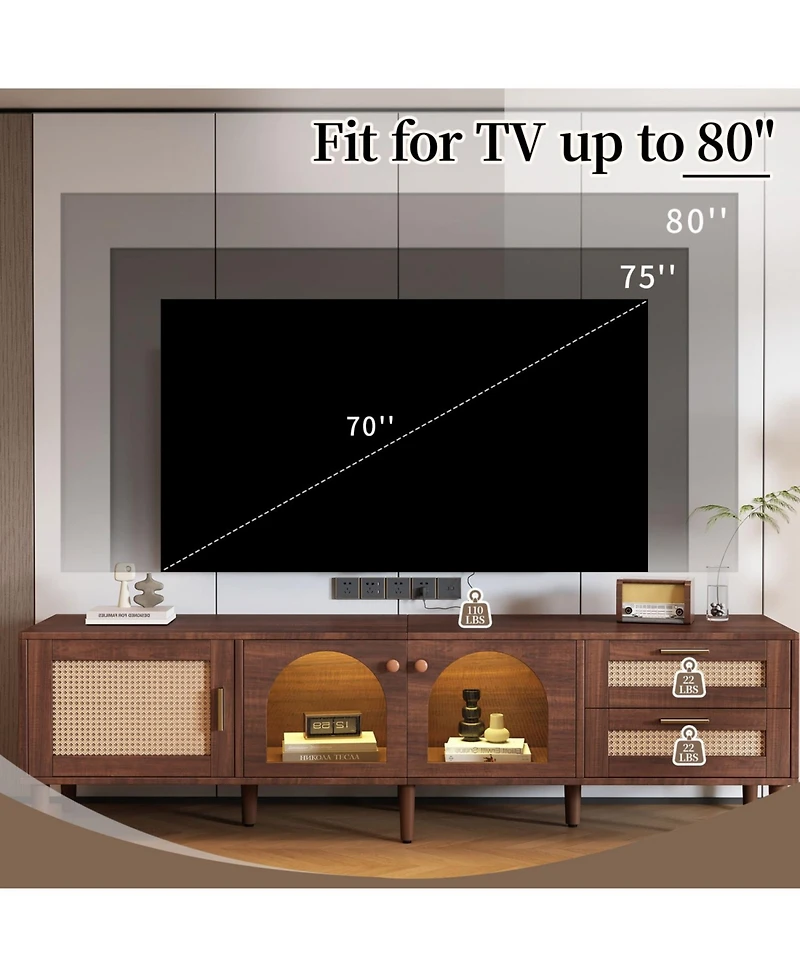 Rainsken 70'' Led Rattan Tv Stand, with App Controlled Led Lights, for TVs up to 80'', Rattan-inspired Media Console Table, for Living room, Bedroom