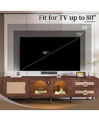 Rainsken 70'' Led Rattan Tv Stand, with App Controlled Led Lights, for TVs up to 80'', Rattan-inspired Media Console Table, for Living room, Bedroom