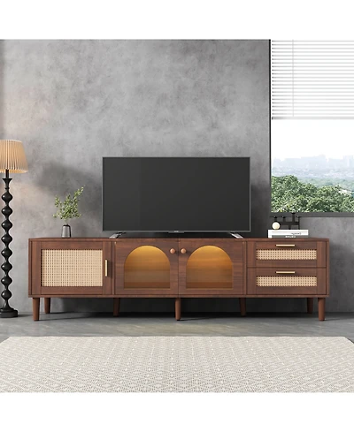 Rainsken 70'' Led Rattan Tv Stand, with App Controlled Led Lights, for TVs up to 80'', Rattan-inspired Media Console Table, for Living room, Bedroom