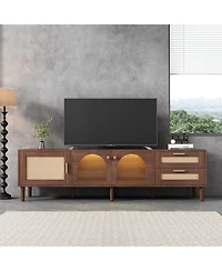 Rainsken 70'' Led Rattan Tv Stand, with App Controlled Led Lights, for TVs up to 80'', Rattan-inspired Media Console Table, for Living room, Bedroom