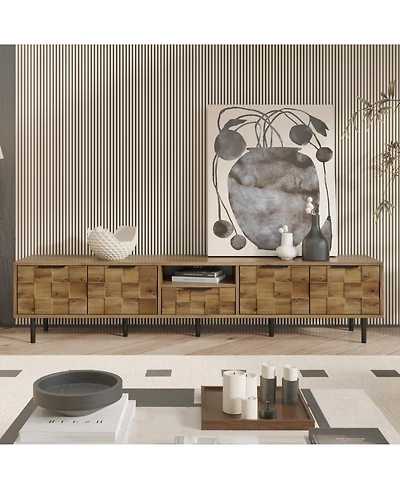 Rainsken 78" Modern Tv Stand, for TVs Up to 85", with Checkered Cabinet Doors, Storage Drawers and Open Shelves, for Living room, Bedroom