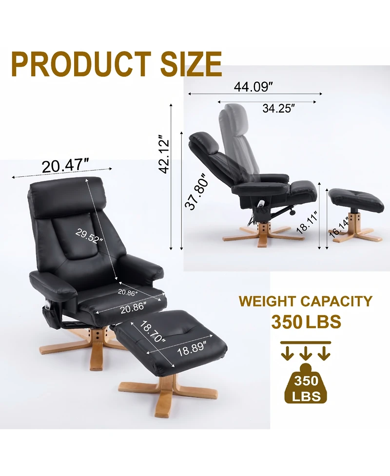 Rainsken 360degree(s) Swivel Accent Chair, with Upholstered Heated Massage, Ergonomic Lounge Recliner, with ottoma, for Bedroom, Office, Apartment