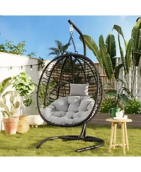 Rainsken Hanging Egg Chair with Cushion, Indoor Outdoor, Patio Wicker Hammock Chair, 350lbs Capacity, Metal Frame, for Patio Balcony Backyard