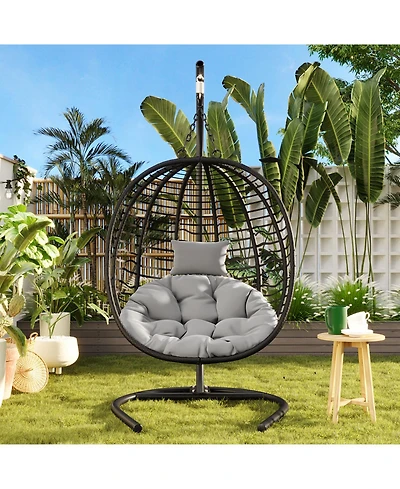 Rainsken Hanging Egg Chair with Cushion, Indoor Outdoor, Patio Wicker Hammock Chair, 350lbs Capacity, Metal Frame, for Patio Balcony Backyard