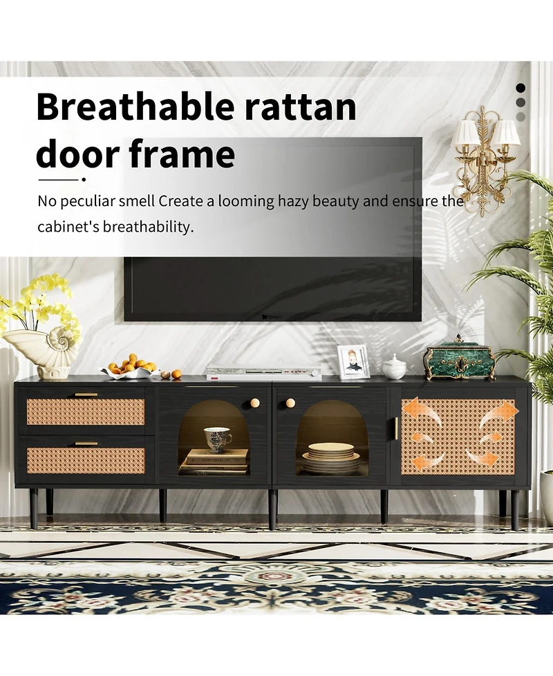 Rainsken 71'' Led Rattan Tv Stand, with 3 Cabinets and 2 Drawers, for TVs up to 80'', Rattan-inspired Media Console Table, for Living room, Bedroom