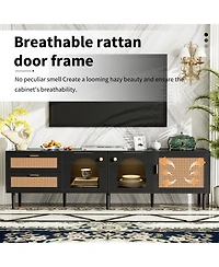 Rainsken 71'' Led Rattan Tv Stand, with 3 Cabinets and 2 Drawers, for TVs up to 80'', Rattan-inspired Media Console Table, for Living room, Bedroom