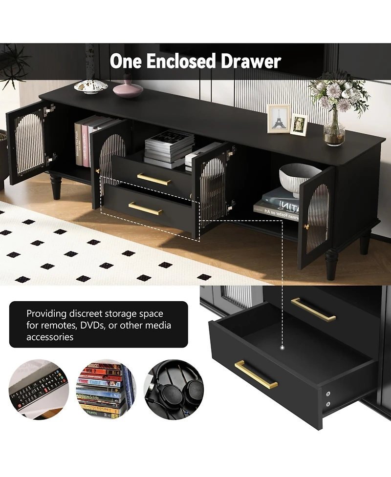 Rainsken 68.9'' Retro Tv Stand, with Fluted Glass Doors, for TVs up to 75 Inches, Entertainment Center Media Console Table, for Living room, Bedroom